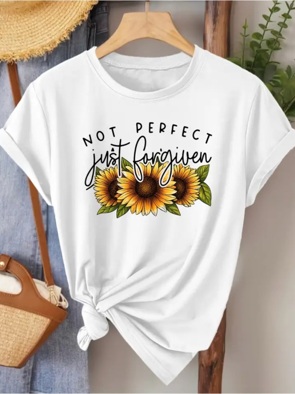 CASUAL Not Perfect Just Forgiven White Sunflower Graphic Tee - Picture 1 of 4